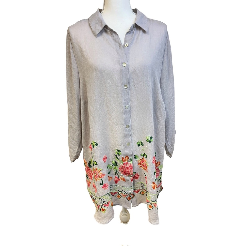 Fig & Flower Embroidered Floral Button Up Tunic Top XL Gray Boho Cottage Artsy